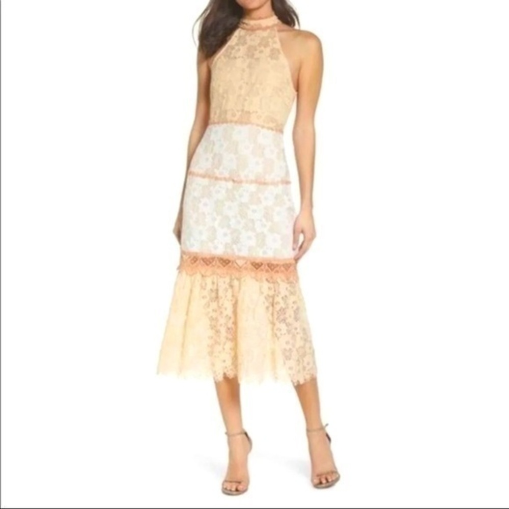 FoxieDox Tan and White Lace Overlay Mock Neck Halter MIDI Dress